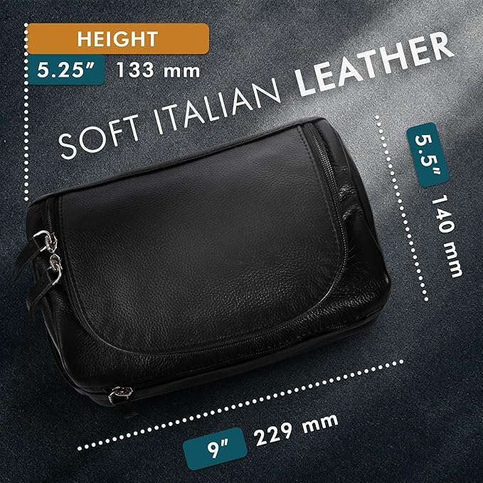 ELIZO Premium REAL Leather Toiletry Bag for Men Dopp Kitt Hanging Mens Toiletry Large TSA Toiletries Bag Shaving Grooming Bag Organizer Black