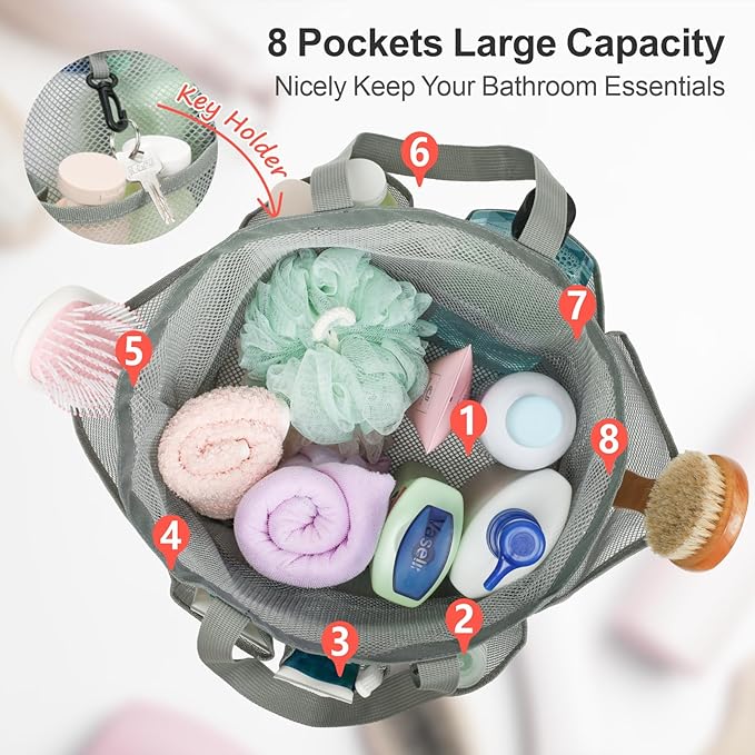 F-color Mesh Shower Caddy Portable with Drawstring - Upgrade Deeper 7 Pockets Dorm Room Essentials for Guys Girls with S Hook, Shower Bag Basket Tote for College Camping Toiletry Bathroom, Grey