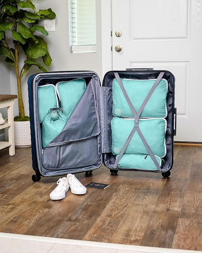 Large Compression Packing Cubes for Travel-Packing Cube Luggage Organizers 7 Piece Set for Checked Luggage-Ultralight, Expandable/Compression Bags by TRIPPED Travel Gear (DustyTeal/White)