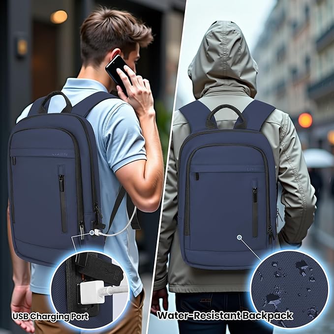 Business Backpack for Men Lightweight Commute Laptop Backpack Anti-Theft Water Resistant Backpack for 15.6 Inch Computer for Daily Office Work with Small Bag (Blue)