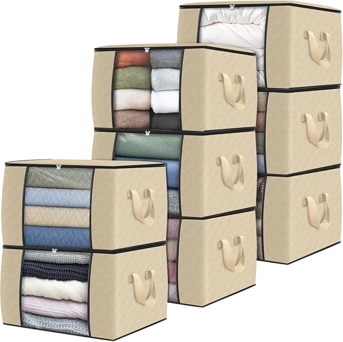Fab totes 8 Pack Clothes Storage, Foldable Thick Fabric Blanket Storage Bags, Containers for Organizing Bedroom, Closet, Clothing, Comforter, Organization with Handle,Beige