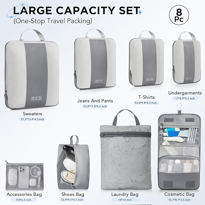 8 Set Compression Packing Cubes for Travel Essentials,Compressible Expandable Packing Cubes for Suitcase,OlarHike Luggage Organizer Bags for Travel,Handy Helper for Organizing Clothes(Gray)