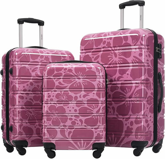 Merax Luggage Sets 3 Piece, Hardside Suitcase Set with Spinner Wheels, Lightweight Printing Luggage Carry on,20+24+28 IN,Purple Pink