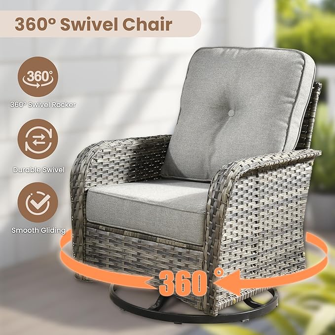 HOOOWOOO Patio Furniture Set,7 Pieces Outdoor Conversation Set,All Weather Wicker Loveseat Sofa Set with High Back Swivel Rocking Chairs Tables,Dark Gray