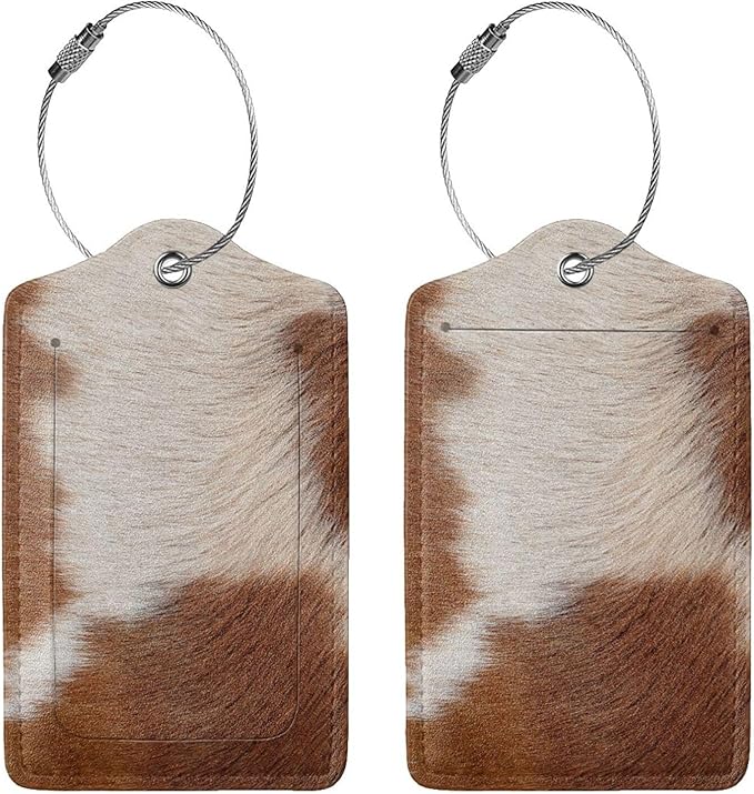 2 Pcs Funny Brown Cowhide Pattern Luggage Tag for Suitcase, Farm Animal Birthday Gift Women Men Boy Girl, Steel Loop with Privacy Cover ID Label