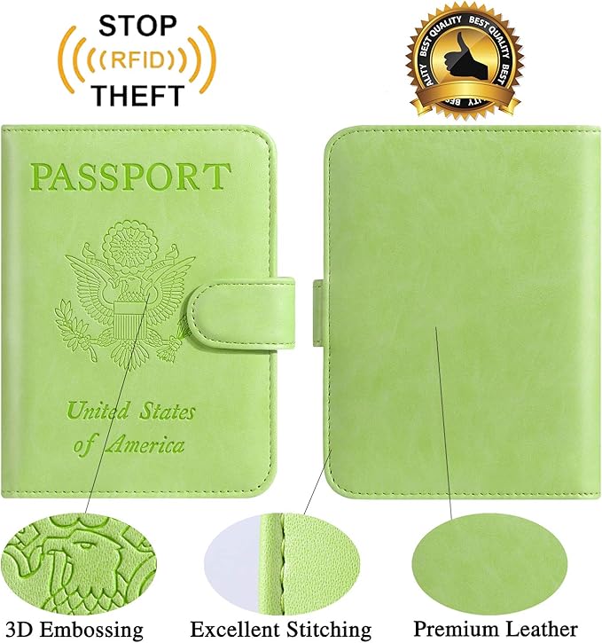 Passport Holder Cover Wallet RFID Blocking Leather Card Case Travel Accessories for Women Men (Apple green)