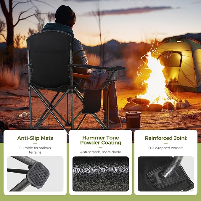ALPHA CAMP Oversized Camping Folding Chair, Heavy Duty Support 450 LBS Steel Frame Collapsible Padded Arm Chair with Cup Holder Quad Lumbar Back, Portable for Outdoor