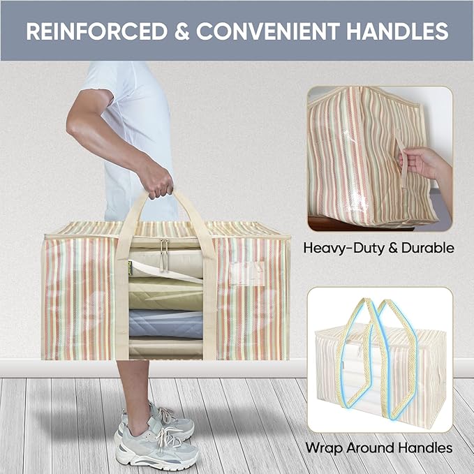 BALEINE 4-Pack Oversized Moving Bags with Reinforced Handles, Heavy-Duty Storage Tote for Clothes, Moving Supplies (Color Stripe with Window, 4-Pack)