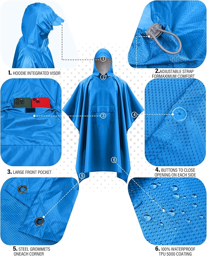 iCreek Hooded Rain Poncho with Pocket Waterproof Lightweight Unisex Raincoat Jacket for Hiking, Camping, Outdoor