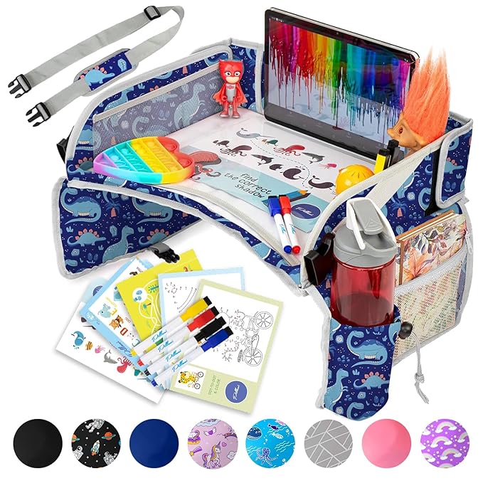 PILLANI Kids Travel Tray for Car - Car Seat Tray for Kids Travel, Road Trip Essentials Must Haves - Carseat Table Roadtrip Activities - Toddler Lap Desk Organizer for Airplane - Kids Travel Essentials