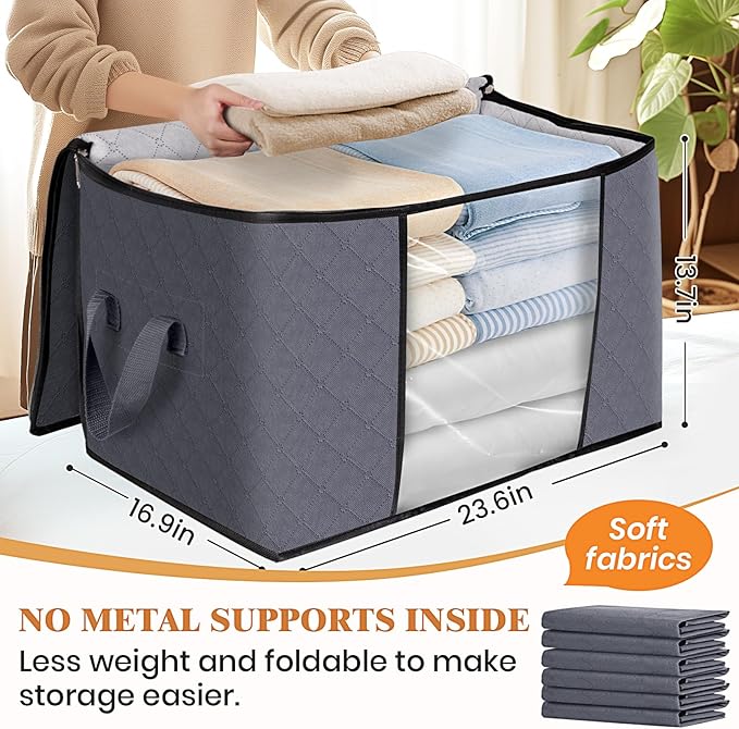 Fab totes 24 Gallons Clothes Storage, Foldable Thick Fabric Blanket Storage Bags, Containers for Organizing Bedroom, Closet, Clothing, Comforter, Organization with Handle (10 Pack,Grey)
