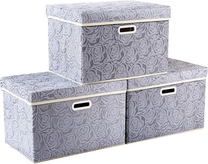 PRANDOM Large Storage Boxes with Lids [3-Pack] Fabric Decorative Storage Bins Cubes Organizer Containers Baskets with Handles for Closet Grey 17.7x11.8x11.8 In For 6+ Year Old Boys and Girls