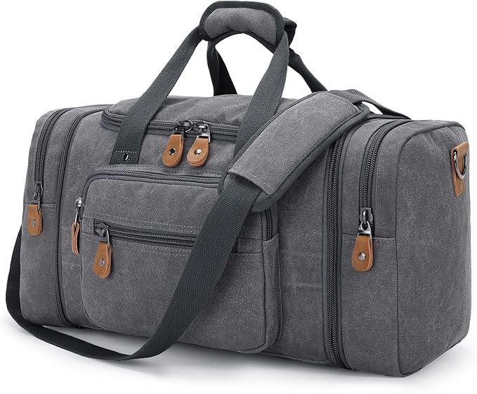 Gonex Canvas Duffle Bag for Travel 50L Expandable Duffel Weekend Overnight Bag men (Gray)