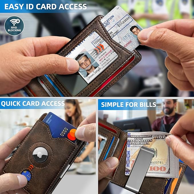 Airtag Wallet for Men,with Money Clip 11 Cards Slim Front Pocket Leather RFID Blocking Wallet with Gift Box