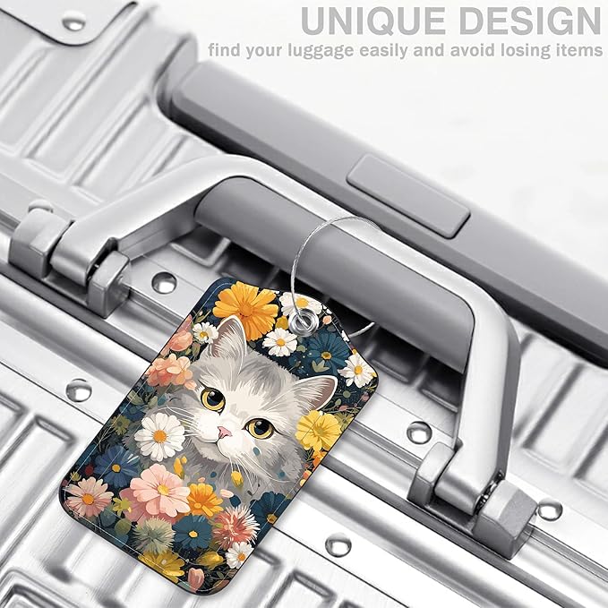 2 Pack Luggage Tags for Suitcases Cute Cat with Colorful Flowers Leather Luggage Tags Privacy Cover ID Label with Stainless Steel Loop and Address Card for Women Men Travel Bag Backpack