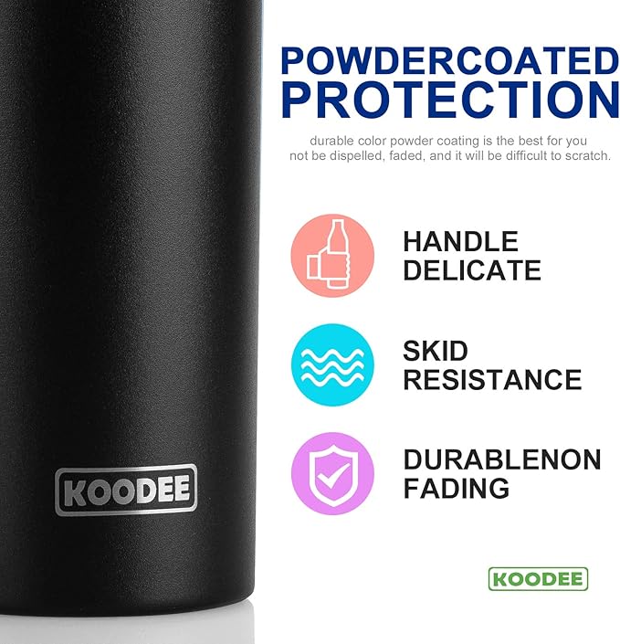 koodee 20 oz Stainless Steel Skinny Tumbler Double Wall Insulated Slim Water Tumbler Cup with Lids, Straws and Straw Brushes (Black)