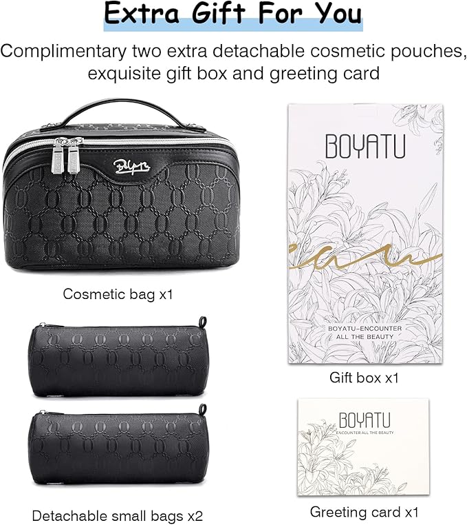 BOYATU Travel Makeup Bag for Women: Cosmetic Organizer Bag with Compartments - Leather Make up Bags Set of 3 (Black)