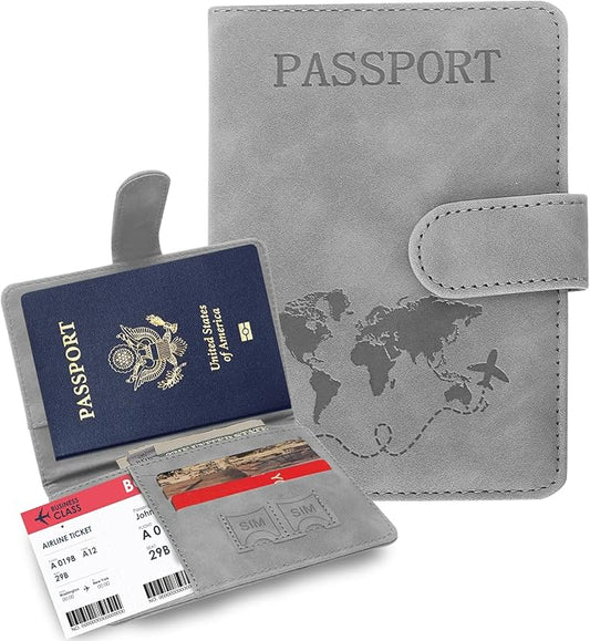 Passport Holders, RFID Blocking Credit Card Holder, PU Leather Vaccine Card Holders for Travel with Magnetic Buckle, Travel Must Haves Cruise Ship Essentials for Men, Women (Grey)
