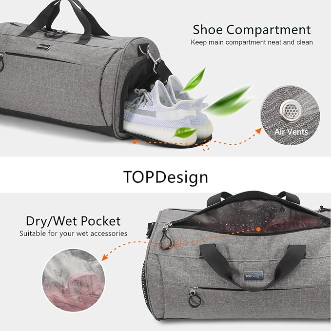 TOPDesign Gym Bag for Women, Duffel Bag with Shoe Compartment & Wet Pocket for Travel Sports (M Yoga)
