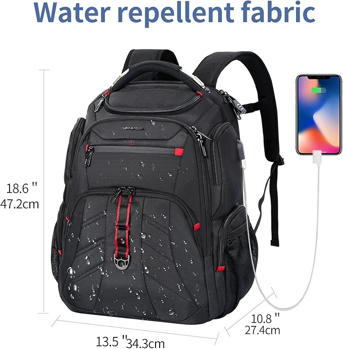 VANKEAN Travel Laptop Backpack 17.3 Inch TSA Friendly, Water-Repellent Anti Theft XL Computer Backpack with RFID Pockets College Backpacks with USB Port for Men Women Business Work Bag, Black