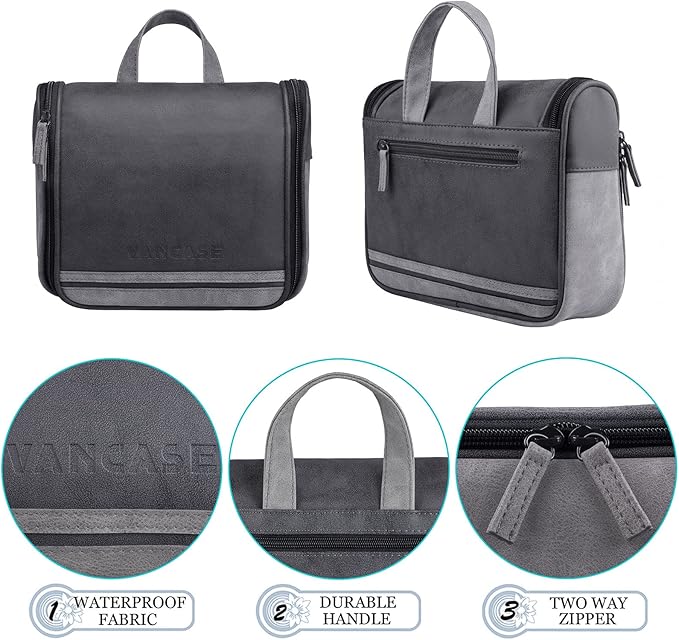 Hanging Toiletry Bag for Men VANCASE Vintage Leather Shaving Dopp Kit Medium Waterproof Travel Bathroom Bags Portable Shower Organizer