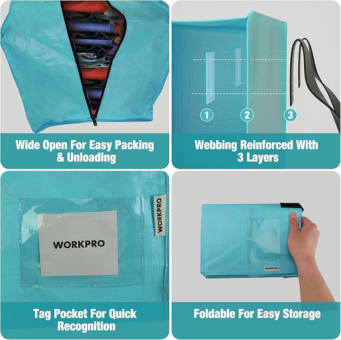 WORKPRO 6 Pack Extra Large Moving Bags with Zippers & Carrying Handles Backpack Straps, Heavy-Duty Storage Tote for Space Saving & Storage, Alternative to Moving Box (Blue)