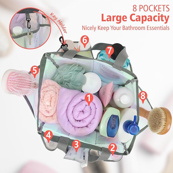 F-color Mesh Shower Caddy Portable, Upgrade Deeper 7 Pockets Shower Bag Basket Tote for College Dorm Room Toiletry Bathroom Essentials Gym Camp Quick Dry 2 handles with S Hook, White