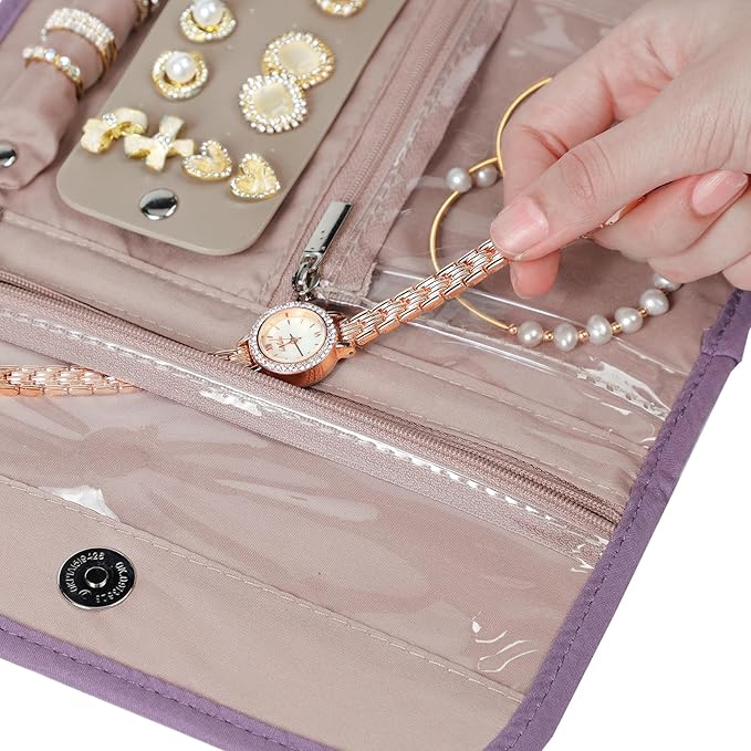 BELALIFE Travel Jewelry Case Organizer, Foldable Storage Roll for Earrings, Necklaces, Rings, Bracelets, Brooches, Purple