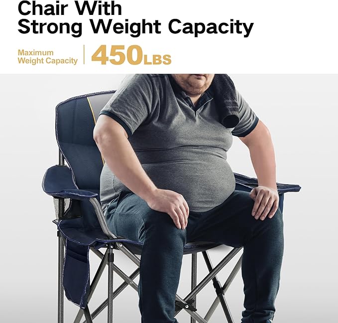 ALPHA CAMP Oversized Camping Chair Heavy Duty Lawn Chair with Cooler Bag Support 450 LBS Steel Frame Collapsible Padded Arm Quad Lumbar Back Folding Chair for Lawn Outdoor