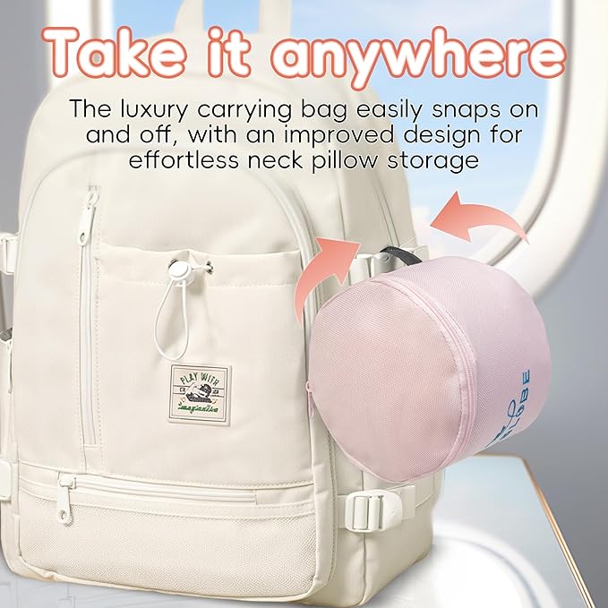 Junior Kids Travel Neck Pillow - Ergonomic Memory Foam Pillow for Airplane, Car, Booster Seat - Soft, Washable, Compact Travel Pillow with Strap - Light Pink - Ages 4-13