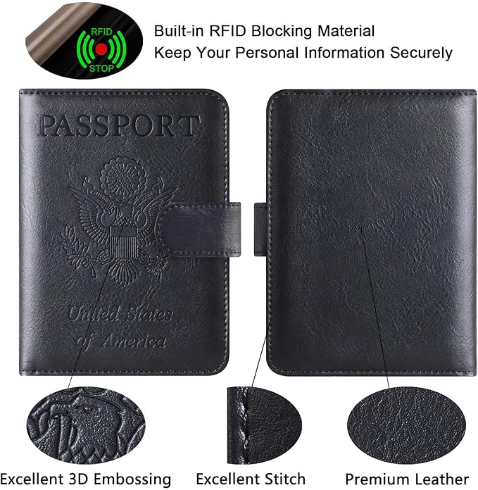 Passport Holder Cover Wallet Travel Essentials Leather Rfid Blocking Case Vacation Luggage Must Haves Travel Accessories for Men Women (120#Black)