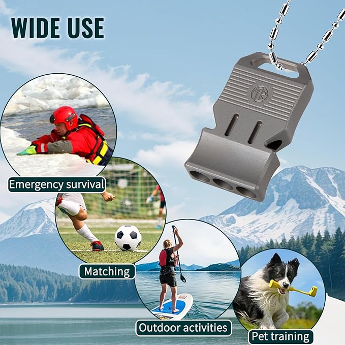 TACRAY Titanium Emergency Survival Whistle, Portable Necklace Whistle, Loud Whistle up to 120~130db, Good for Life Saving, Hiking, Camping, and Pet Training