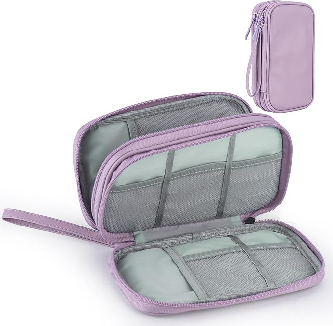 Leather Travel Electronic Organizer - Double Layer, Waterproof Case for Cables, Chargers, Phones & More - Portable, Shockproof Pouch for All Your Electronics Accessories (Light Purple, M)