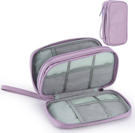 Leather Travel Electronic Organizer - Double Layer, Waterproof Case for Cables, Chargers, Phones & More - Portable, Shockproof Pouch for All Your Electronics Accessories (Light Purple, M)