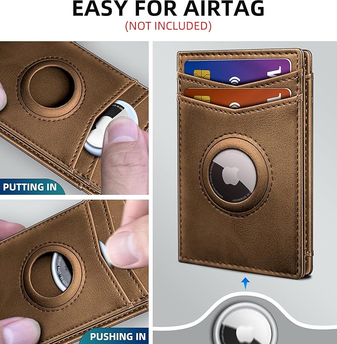 Airtag Wallet for Men- with Money Clip Gift Boxed, Magnetic Closure Slim Genuine Leather Front Pocket Wallet, 4.1"x 2.8", RFID Blocking