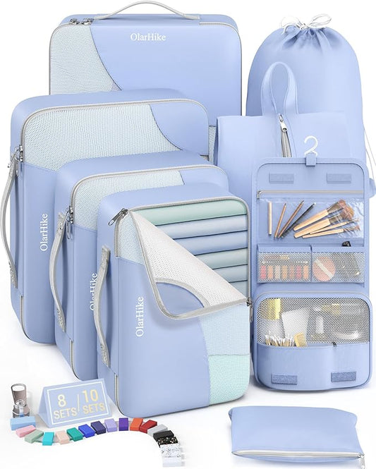 8 Set Packing Cubes for Travel, Gifts for Women Mom,Anti-Tearing Suitcase Organizer for Luggage with Shoe & Hanging Toiletry Bag,OlarHike Vacation Essentials & Accessories for Cruise Ship,Blue