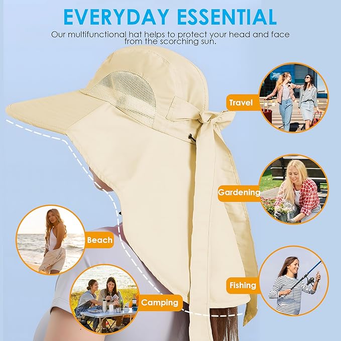 Womens Sun Hat UV Protection, Foldable Waterproof Wide Brim Bucket Hats with Neck Flap for Summer Beach Fishing Hiking