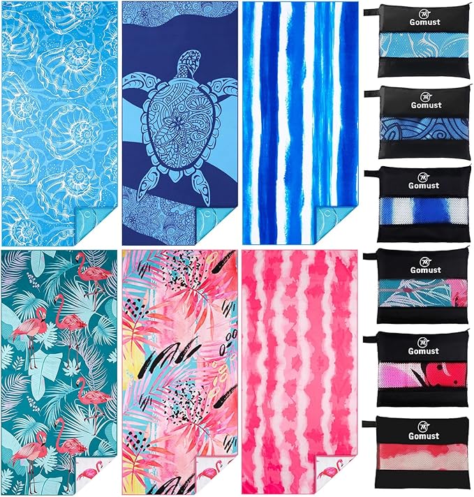 6 Pack Lightweight Thin Beach Towel Oversized 71"x32" Big Extra Large Microfiber Sand Free Towels for Adult Quick Dry Travel Camping Beach Accessories Vacation Essential Gift Turtles Shell Stripe Leaf