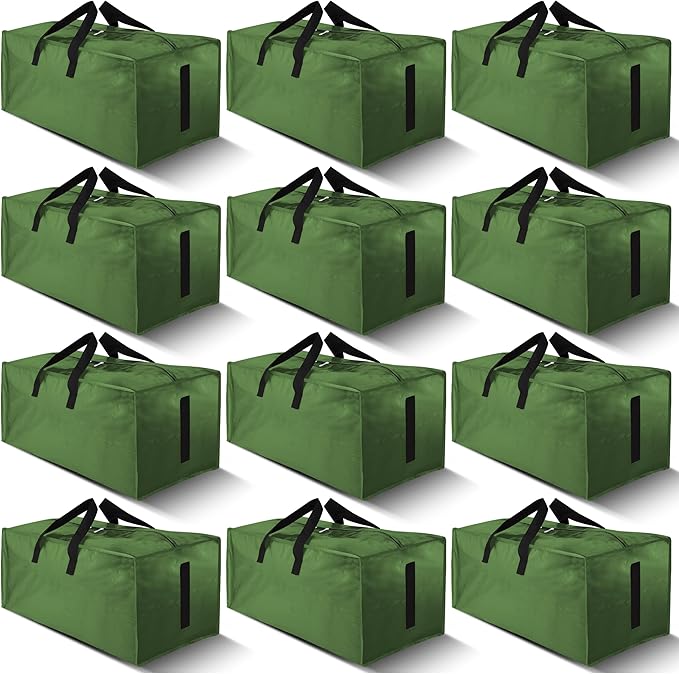 12 Pack Large Strong Moving Bags with Zippers & Carrying Handles - Water-Resistant - Heavy Duty Storage Tote for Space Saving, Fold Flat, Alternative to Moving Box (Olive Green)
