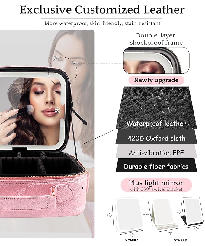 MOMIRA Travel Makeup Bag Cosmetic Bag with Lighted Mirror, Adjustable Brightness in 3 Color Scenarios/Detachable makeup mirror, All-round Upgrade, Waterproof, Gift for Women -Phosphor