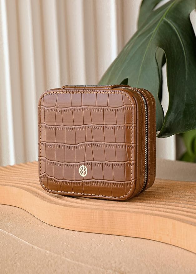S.Leaf Travel Jewelry Box - Portable Case for Women - Mini Jewelry Organizer (12 Pattern Crocodile Brown 01)