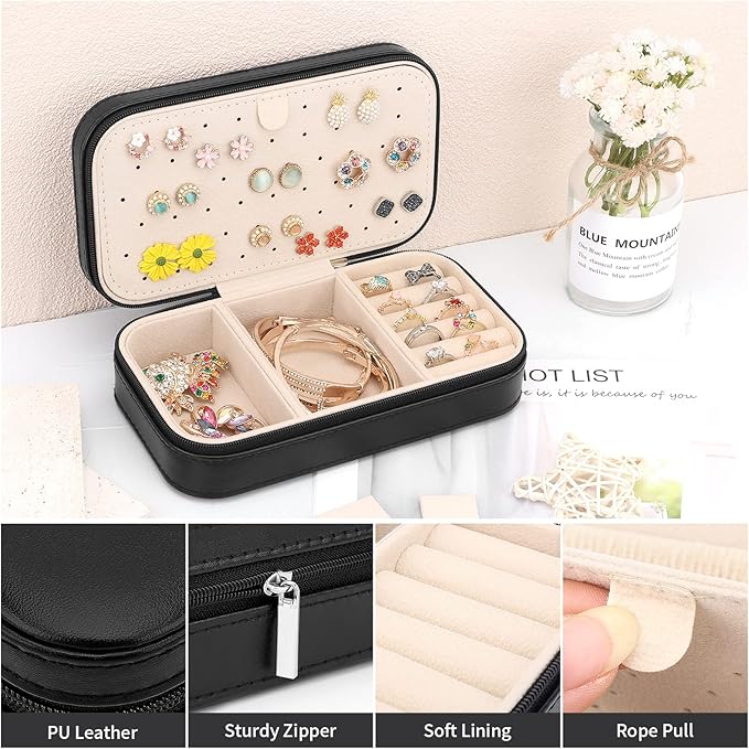 DesignSter Travel Jewelry Box, PU Leather Portable Jewelry Case, Small Jewelry Boxes for Gifts, Travel Jewelry Organizer for Women Rings Earrings Necklaces Bracelets (Black)