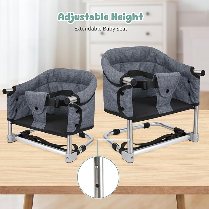 Booster Seat for Dining Table: Portable Toddler Booster Chair with Safety Buckle and Height Adjustable, Foldable Baby Feeding Chair, Kids High Chair Booster Seat for Kitchen Home Travel - Grey