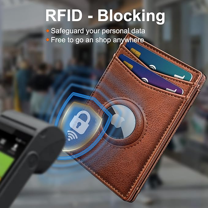 Airtag Wallet for Men- with Money Clip Gift Boxed, Magnetic Closure Slim Genuine Leather Front Pocket Wallet, 4.1"x 2.8", RFID Blocking