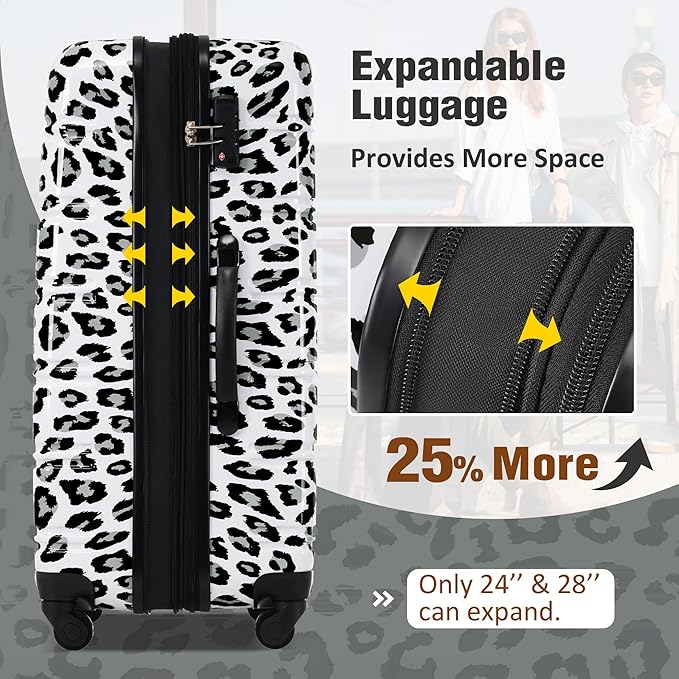 Merax Luggage Sets 3 Piece, Hardside Expandable Suitcase Set with Spinner Wheels, Lightweight Leopard Luggage 20+24+28 IN, Leopard White+Black