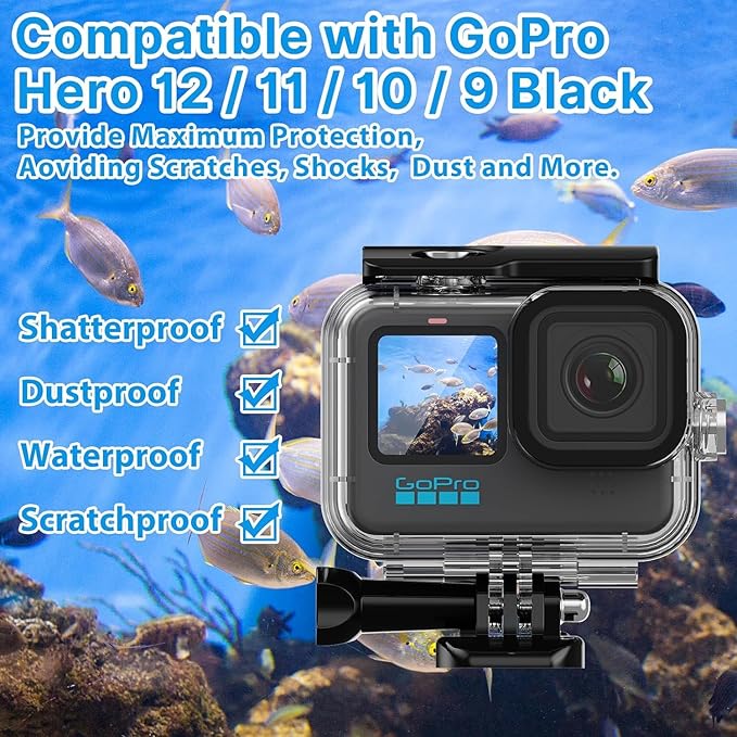 HONGDAK Waterproof Housing Case Accessories Kit 16in1 for Gopro Hero 12 11 10 9 Black,196FT/60M Underwater Protective Housing Dive Kit with Float Handle Sleeve Lens Cap Filters Anti-Fog Inserts