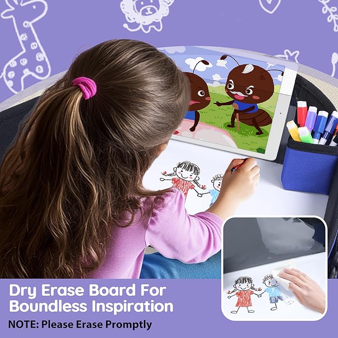 2Pcs‎ Kids Travel Tray, Kids Travel Trays for Car Seat, Road Trip Essentials for Toddler, Carseat Lap Tray with Dry Erase Board & Storage Organizer for Road Trip Activities for Kid, Blue