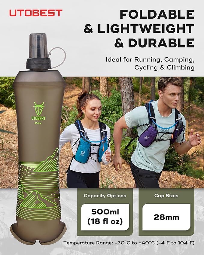 UTOBEST 500ml Soft Flask, 2 Pack Flexible TPU Hydration Water Bottle, Collapsible with 28mm Caliber for Running, Hiking, Cycling, Climbing, and Marathon Green
