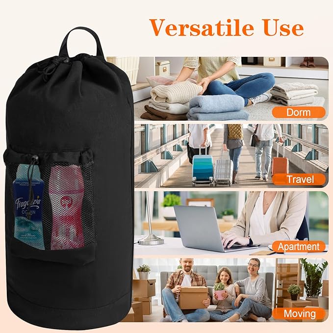 Canvas backpack laundry bag, laundry backpack with shoulder straps and mesh pockets, durable laundry basket bag with drawstring closure, suitable for college, laundromats, and apartments.