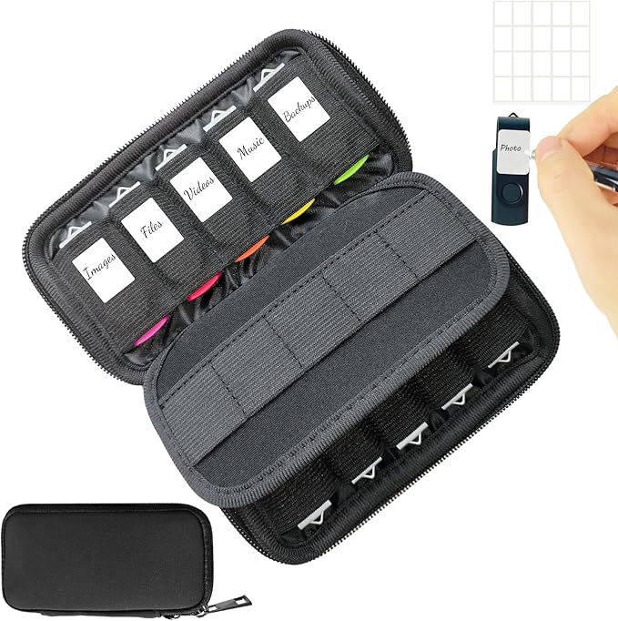 JBOS USB Flash Drive Case with 10 USB Drive Slots and 10 Memory Card Slots Storage Organizer Case Holder for Thumb Drives Jump Drives SD Cards with Zipper Bag Black